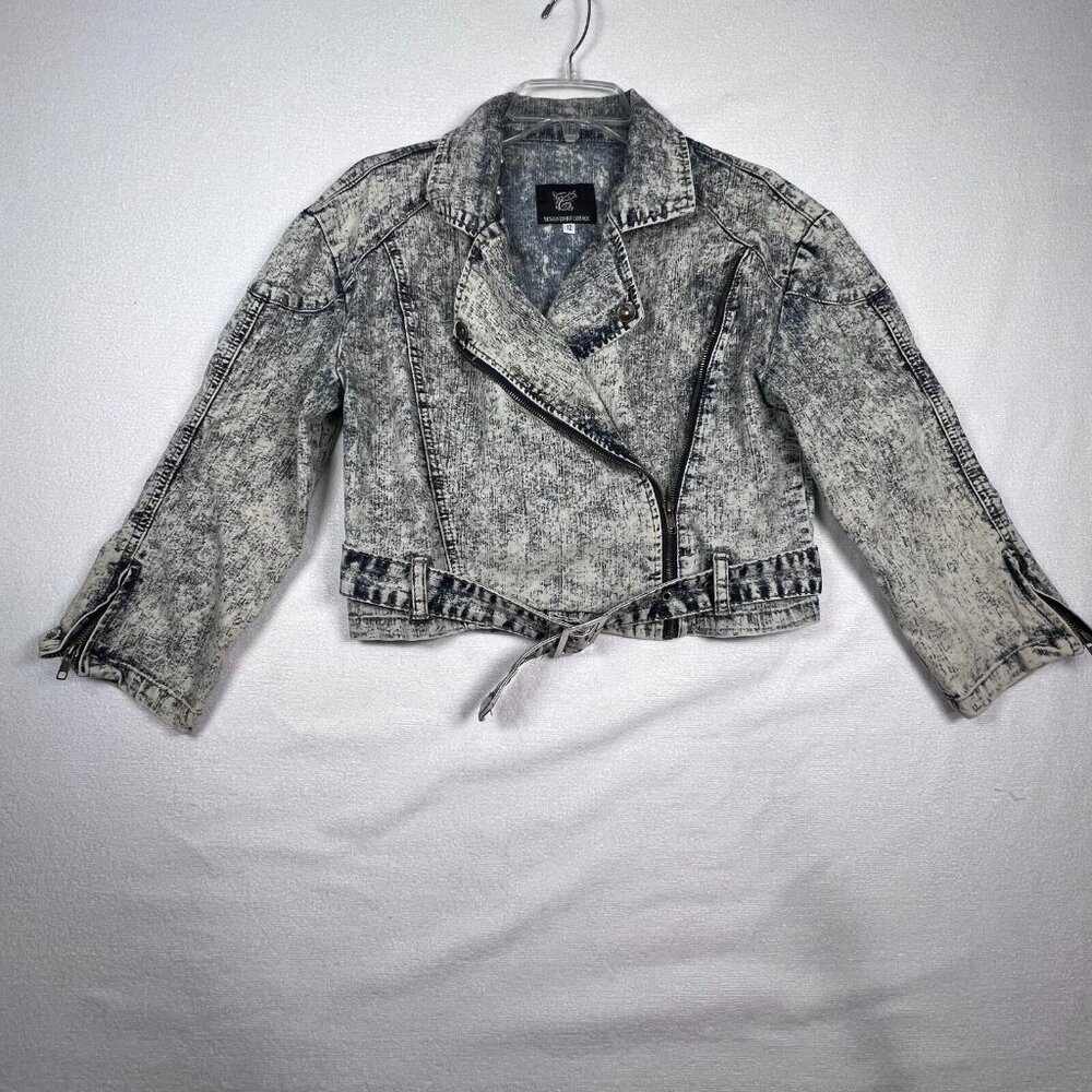 Acid Washed Cropped Jacket Denim SZ 12 Designed by‎ Cosmic Belted Punk 80's